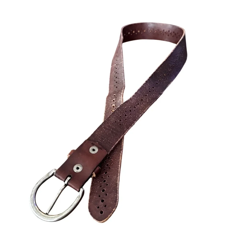 Hollister Brown Y2K Perforated Leather‎ Belt XS Preloved Silver Horseshoe Buckle
